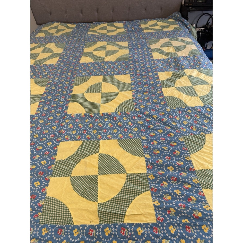 Patchwork Geometric Patchwork Quilt TOP / Tablecloth "Blue/Yellow - Queen Size - Picture 3 of 5